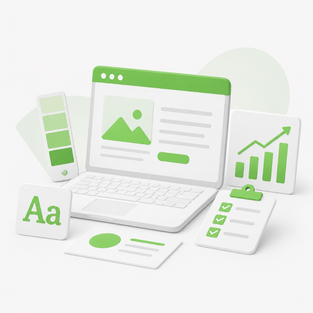 Brand strategy and design illustration with laptop, color palette, typography card, growth chart and design checklist