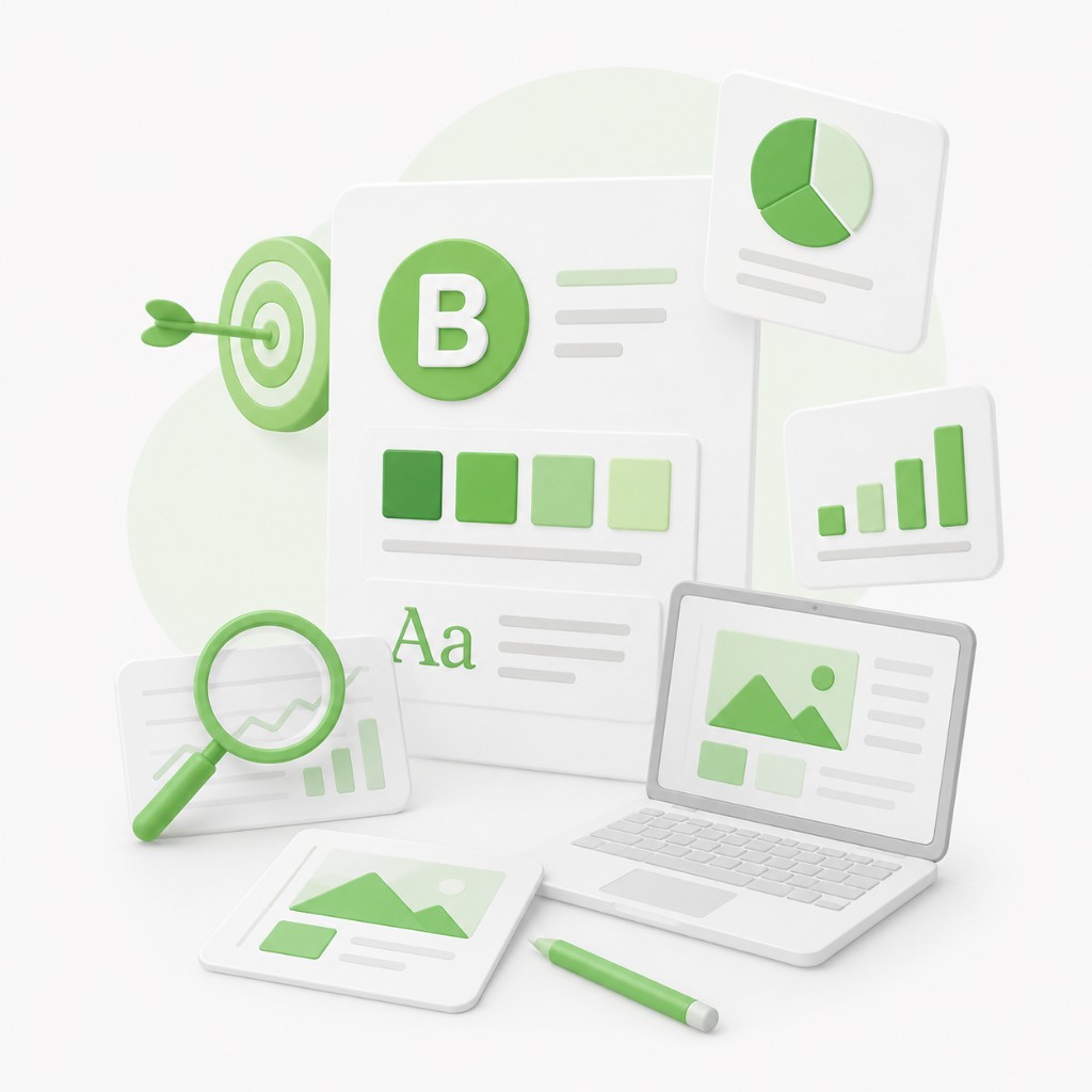 Brand strategy and design solution illustration with target, brand mark, color palette, typography, magnifying glass on analytics and laptop mockup