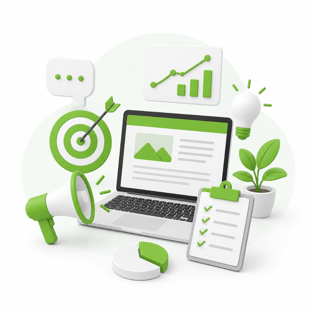 Content marketing illustration with laptop, megaphone, target, charts, light bulb, clipboard and growth icons