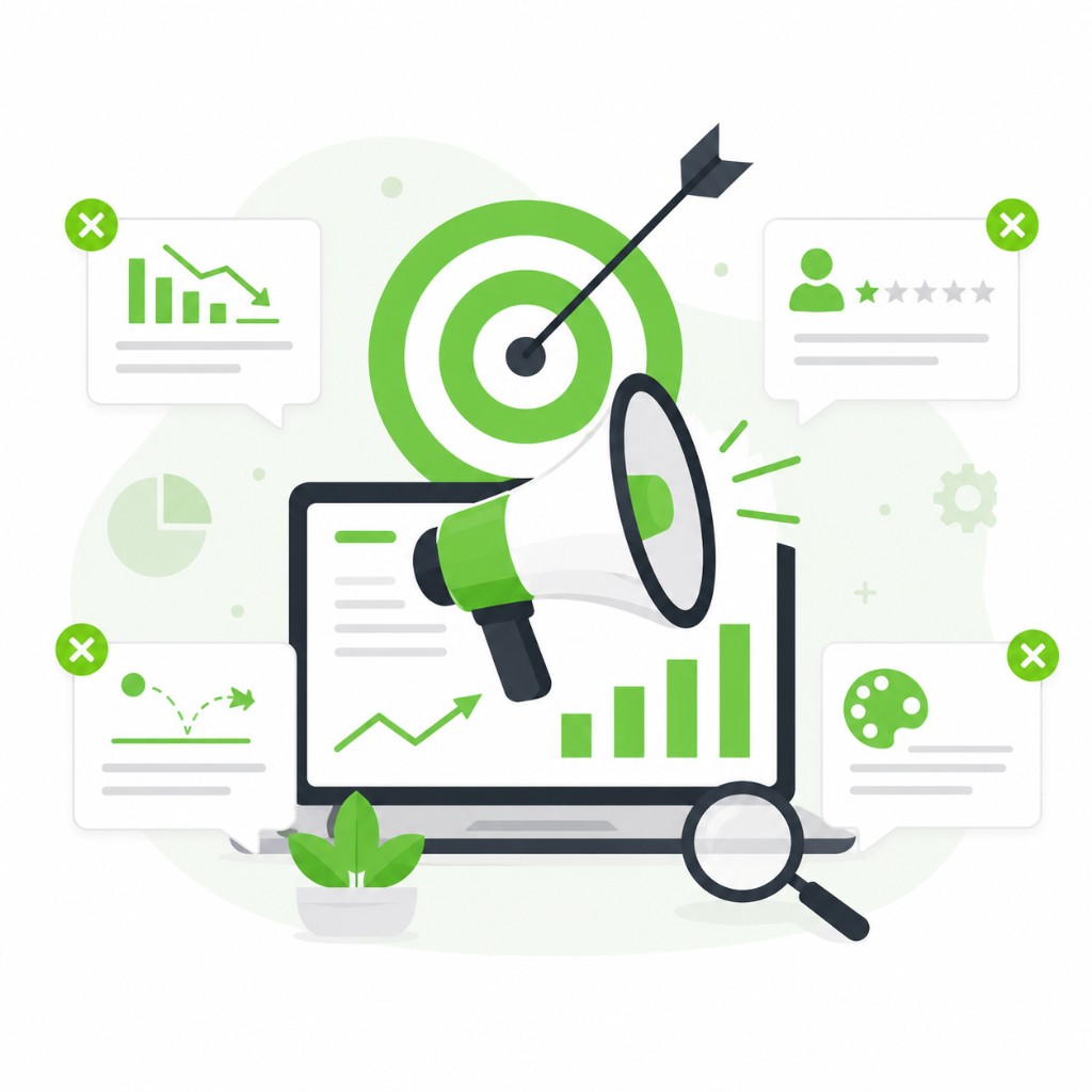 Creative marketing strategy audit illustration with laptop analytics, megaphone, target, magnifying glass, and marketing challenge callouts in green flat vector style