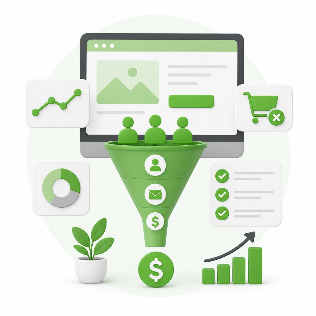 CRO strategy illustration with conversion funnel, website monitor, analytics charts, checklist and growth metrics in green and white