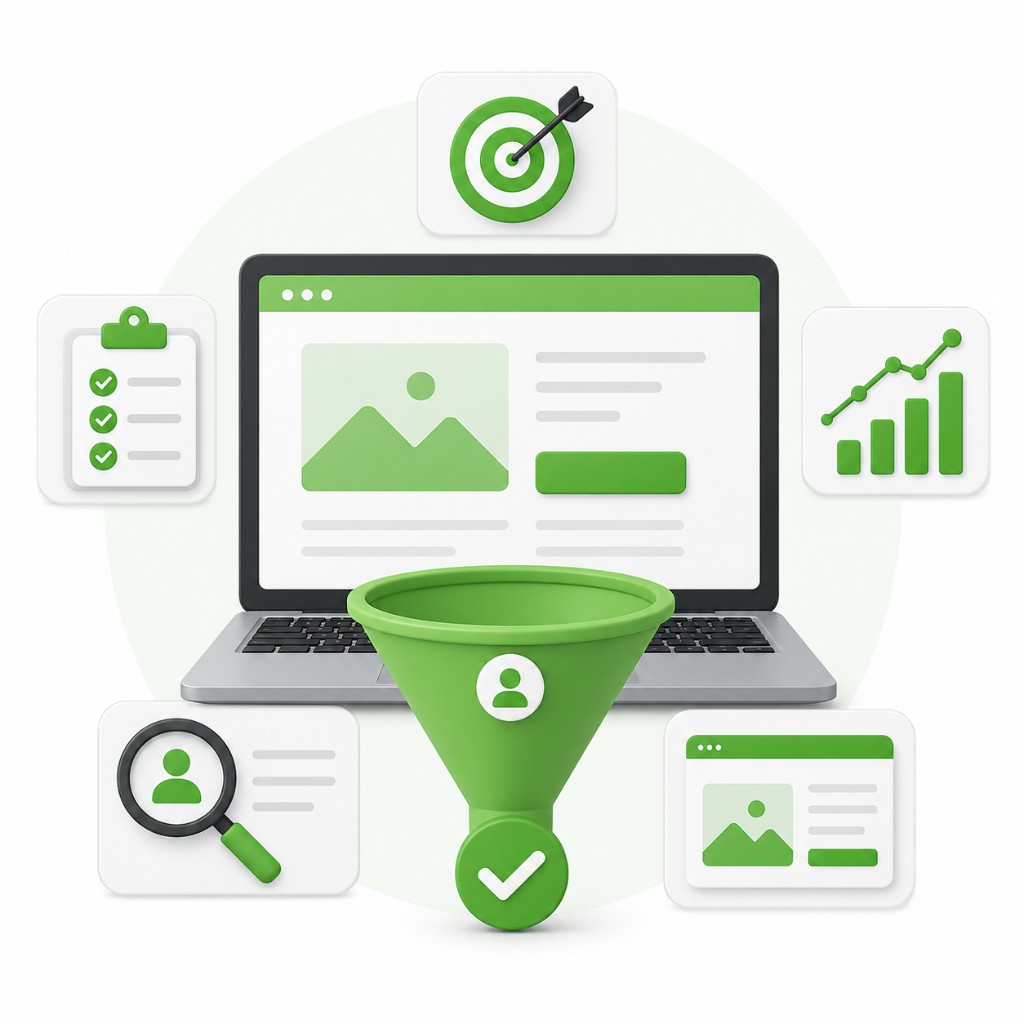 CRO solution illustration with laptop, conversion funnel, targeting, analytics chart, webpage layout, user research and checklist icons
