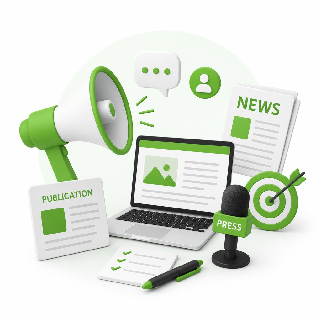 Digital PR illustration with laptop, megaphone, press microphone, news and publication documents, target, notepad and communication icons