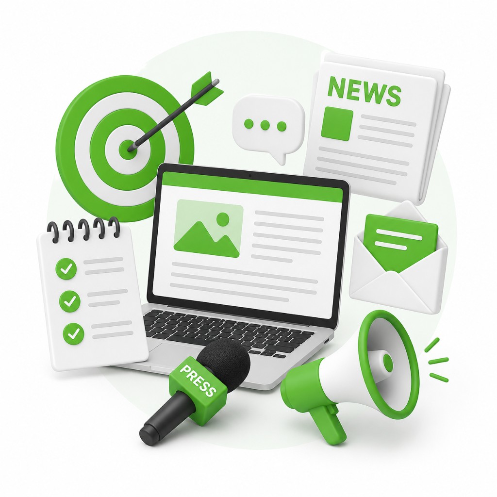 Digital PR solution illustration with laptop, target, checklist, news stack, press microphone, megaphone and communication icons