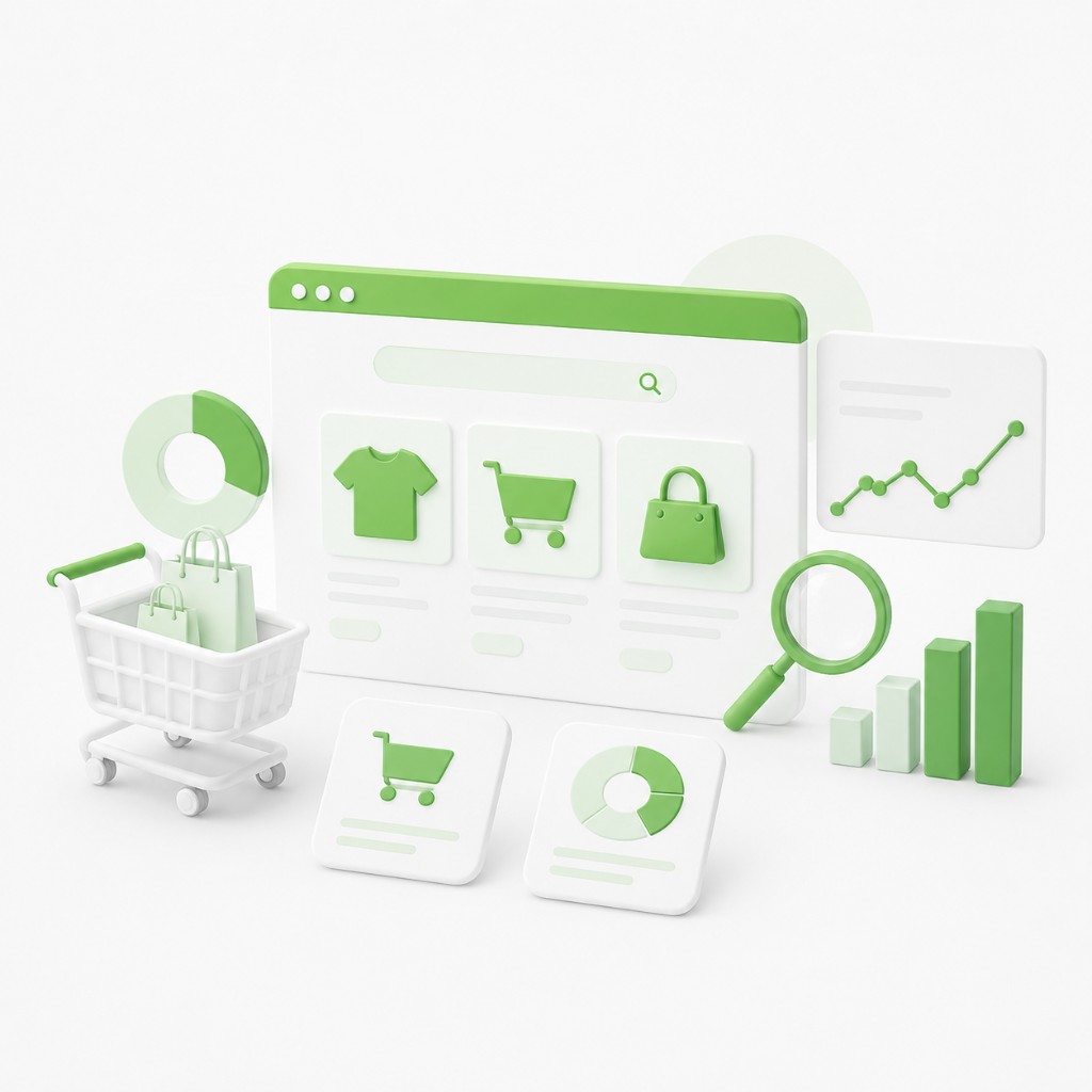 eCommerce SEO audit illustration showing product search dashboard, shopping cart, analytics and category tiles
