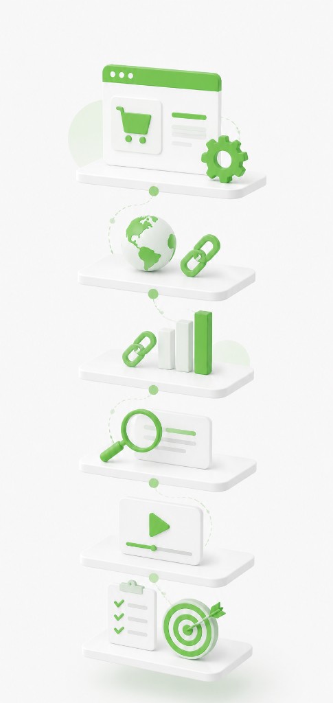 eCommerce SEO deliverables stacked — technical SEO, off-site SEO, link building, keyword research, video SEO and strategy