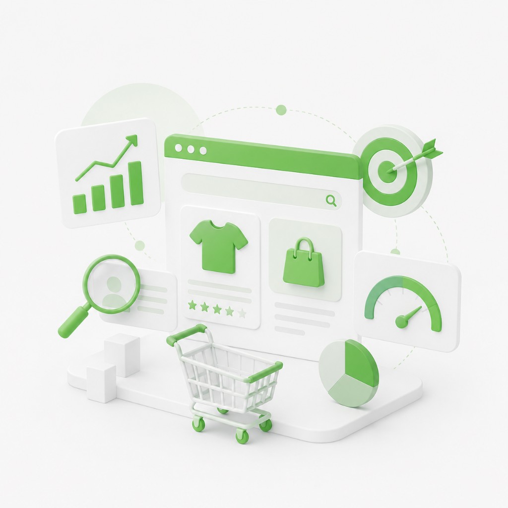 eCommerce SEO illustration with product listings, analytics, target, magnifier, shopping cart and performance gauge
