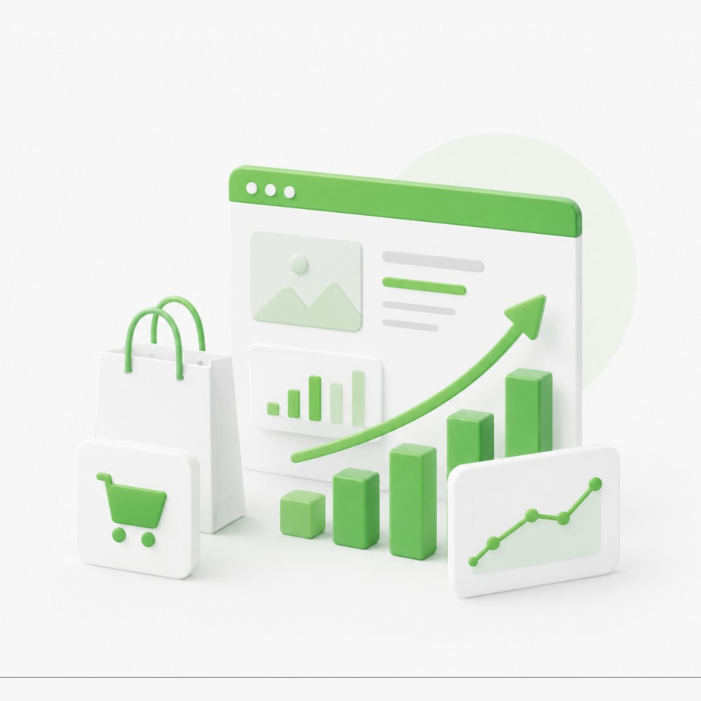 eCommerce SEO illustration with shopping bag, shopping cart, product dashboard and rising sales chart