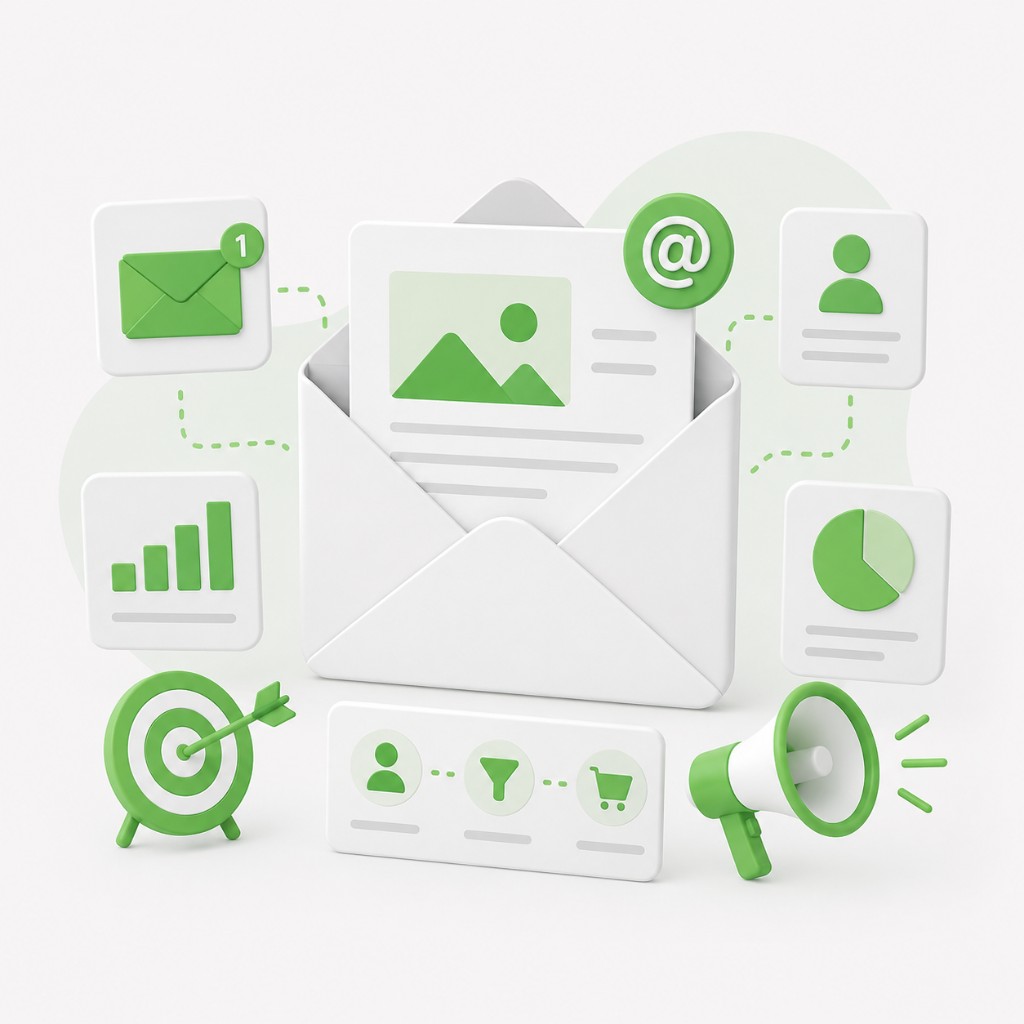 Email marketing illustration with open envelope, email notifications, audience profile, analytics charts, target and megaphone