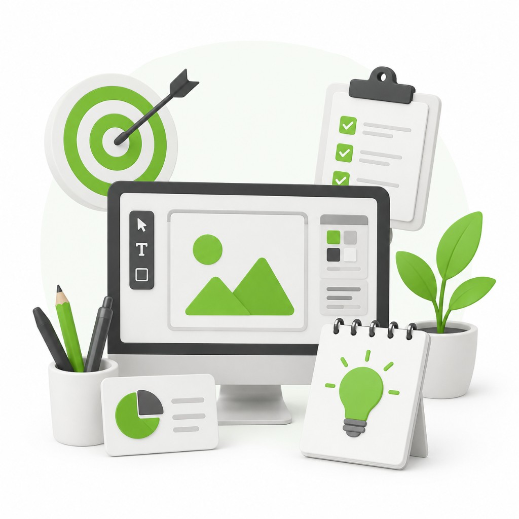 Graphic design strategy illustration with monitor, design tools, target, checklist, analytics chart, lightbulb, and creative workspace elements in green 3D isometric style