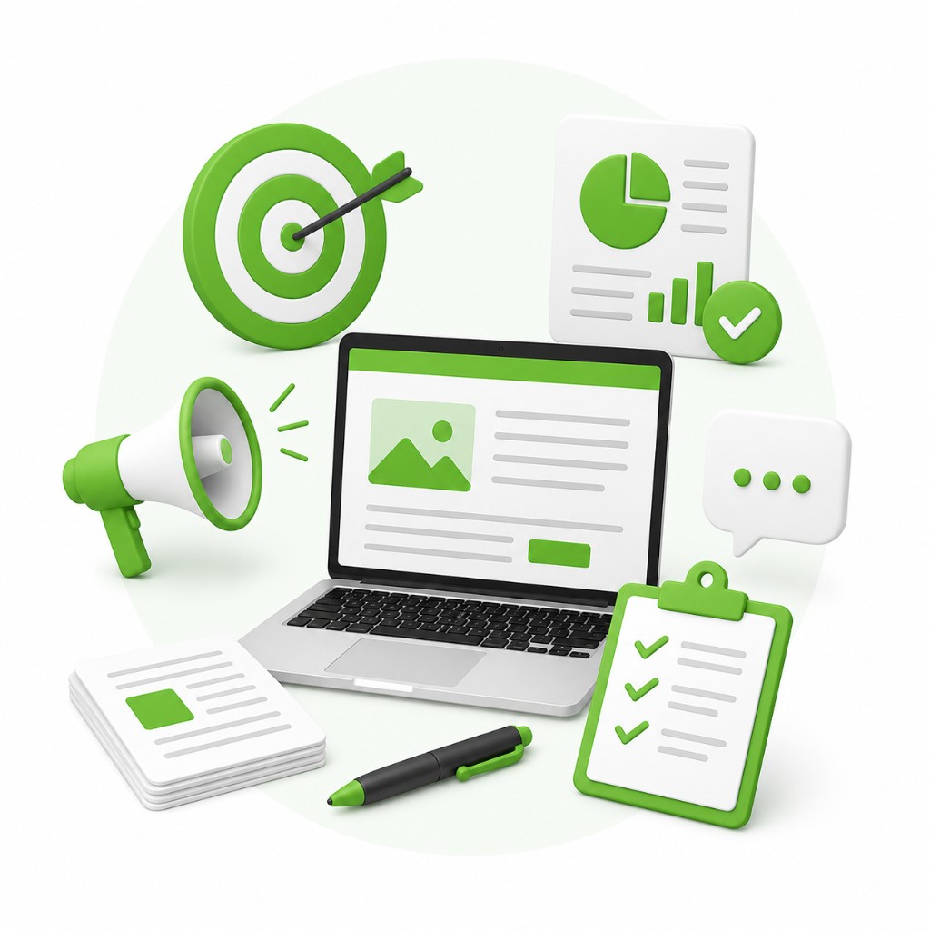 Guest posting solution illustration with laptop, target, analytics report, clipboard, megaphone, documents and communication icons