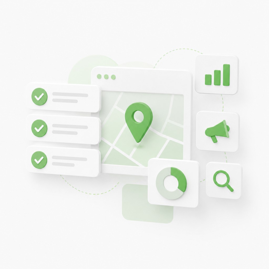Local SEO solution illustration with map, location pin, checklists, analytics and search tools
