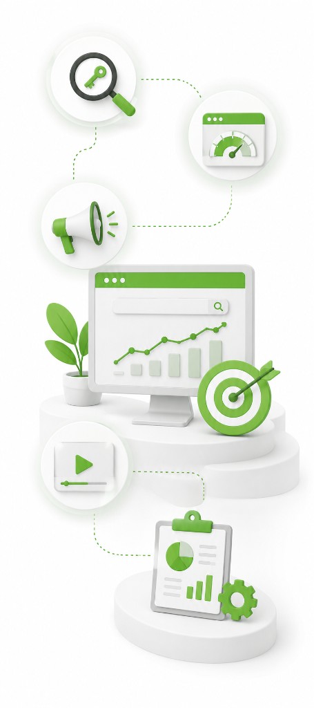 National SEO deliverables — keyword research, technical SEO, link building, video SEO and strategy consulting