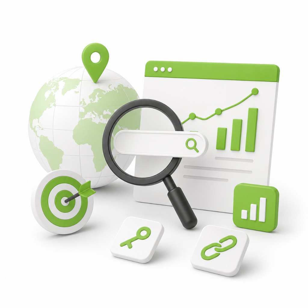 National SEO illustration with globe, search, analytics charts, target and growth icons