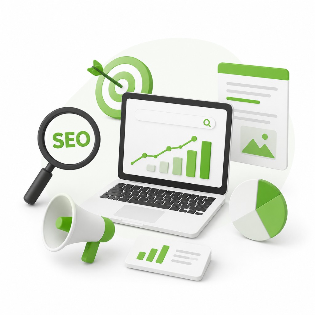 National SEO solution illustration with laptop, SEO magnifying glass, target, megaphone and analytics charts