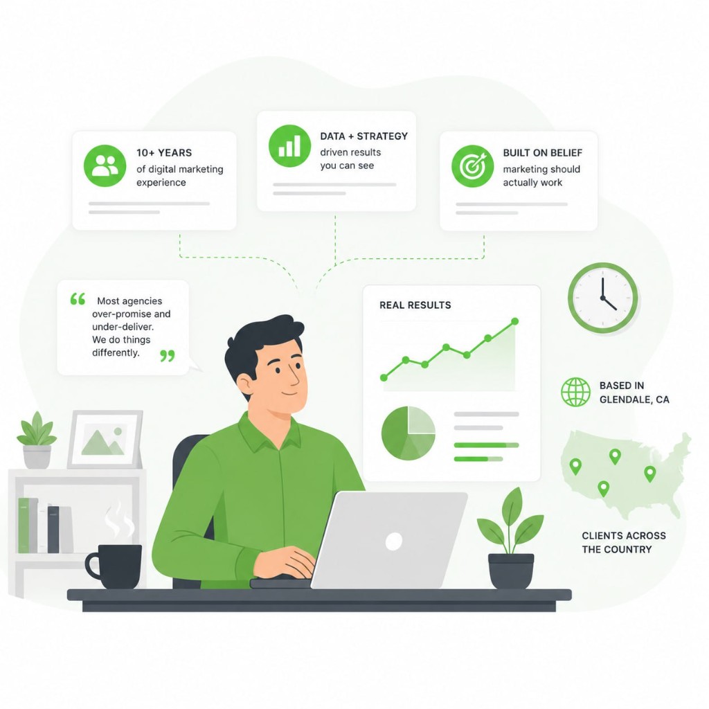 Illustration of Prometrix team at work with highlights on experience, data-driven strategy, and measurable results