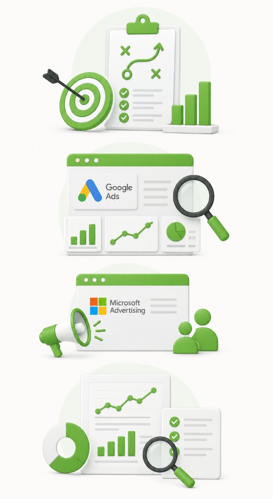 Paid media deliverables illustration &mdash; strategy roadmap, Google Ads, Microsoft Advertising, and analytics reporting in green and white 3D style
