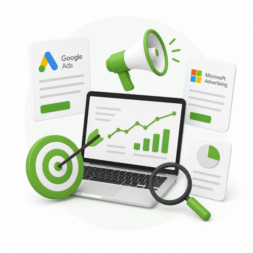 Paid search solution illustration with laptop analytics dashboard, Google Ads and Microsoft Advertising cards, megaphone, target, and magnifying glass in green and white 3D style