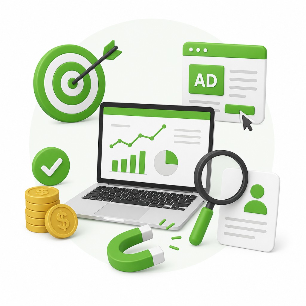 Paid media strategy illustration with laptop analytics dashboard, targeting, ad unit, lead magnet, and conversion metrics in green and white 3D style