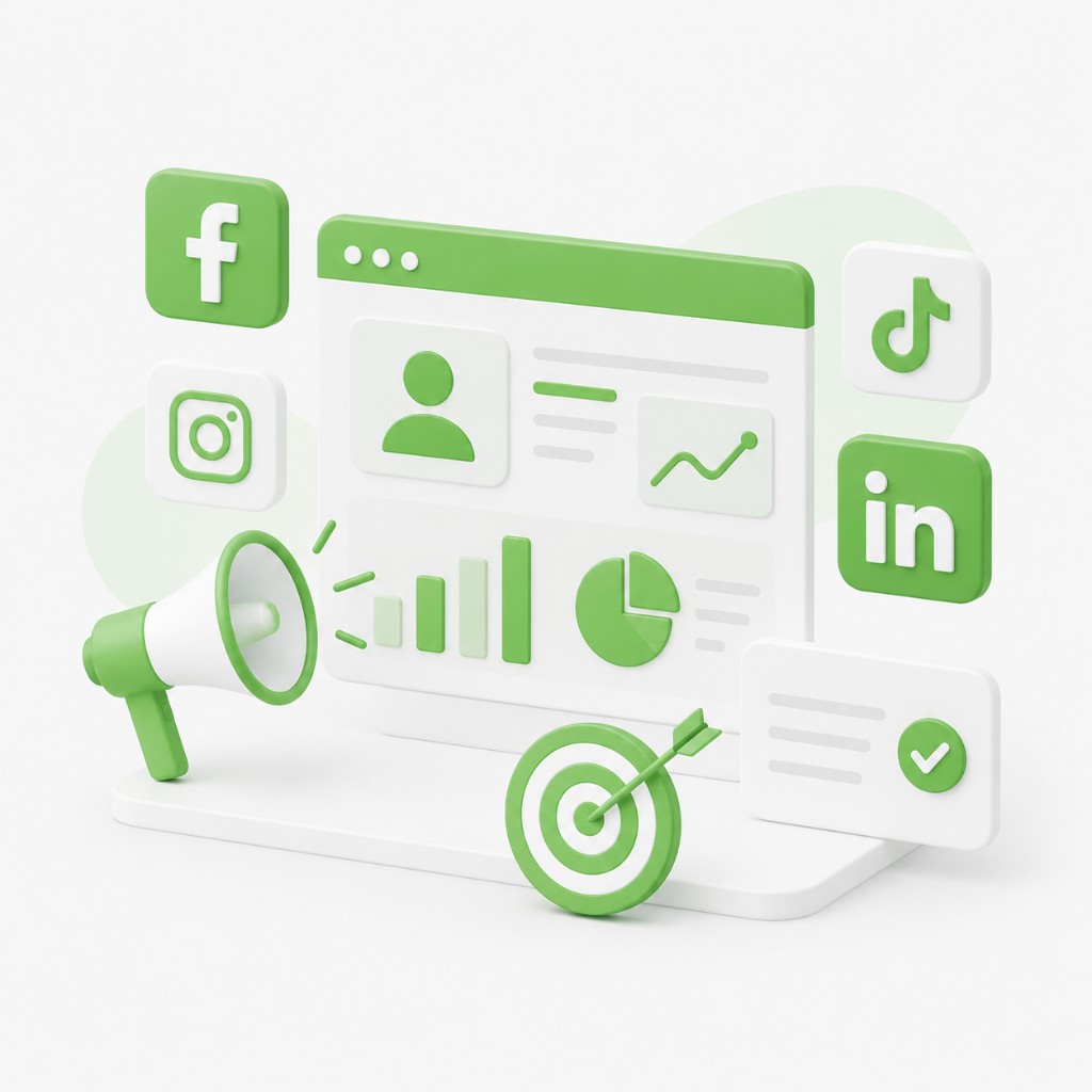 Social media advertising illustration with Facebook, Instagram, TikTok and LinkedIn icons, megaphone, target and analytics dashboard