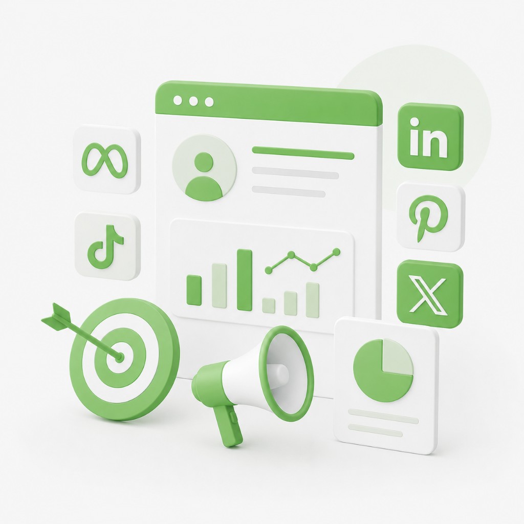 Social media advertising solution illustration with Meta, TikTok, LinkedIn, Pinterest and X icons, target, megaphone and analytics dashboard