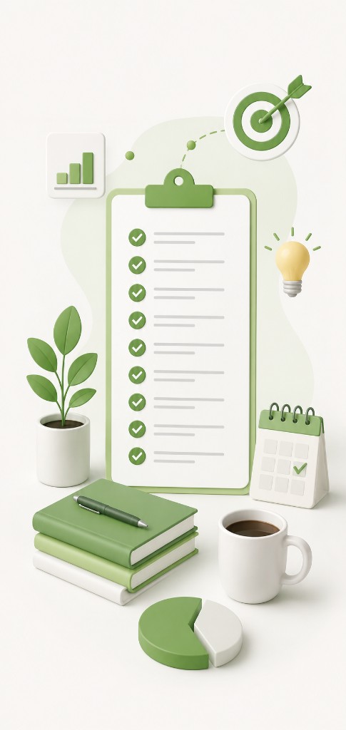 UI and UX deliverables illustration with checklist clipboard, notebooks, coffee mug, pie chart, calendar, lightbulb, plant, bar chart and target