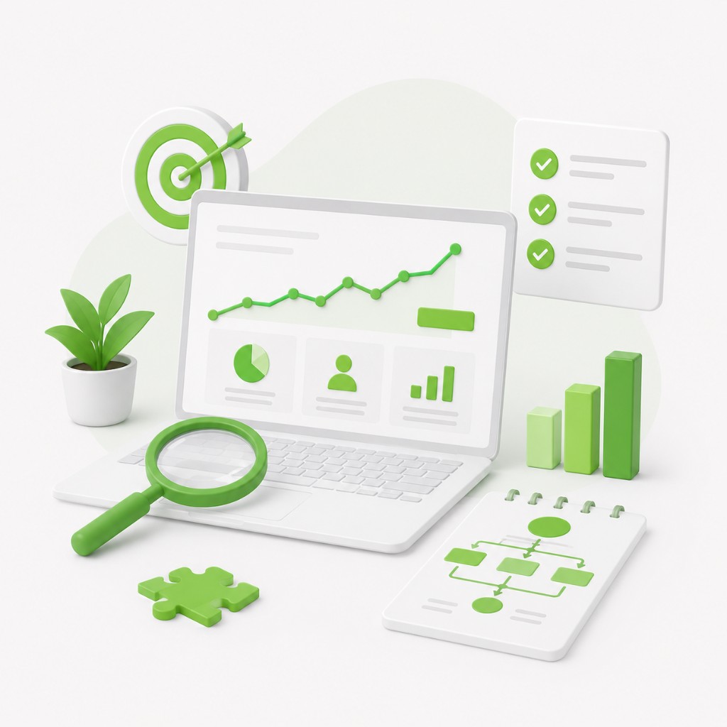 UI and UX solution illustration with laptop analytics dashboard, magnifying glass, target, checklist, bar chart and flowchart