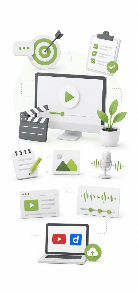 Video marketing workflow illustration with target, checklist, video player, clapperboard, script notes, microphone, editing tools, and YouTube upload icons in green 3D isometric style