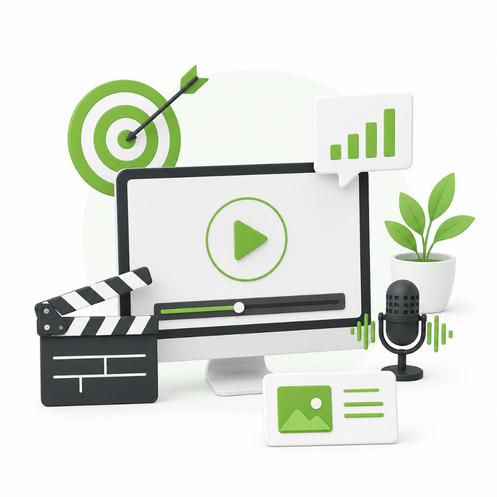 Video marketing solution illustration with monitor video player, target, bar chart, microphone, clapperboard, and content card in green and white 3D isometric style
