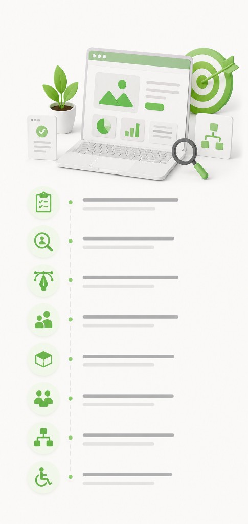 Web design and development deliverables illustration with laptop analytics dashboard, target, magnifying glass, flowchart, plant, and methodology timeline icons
