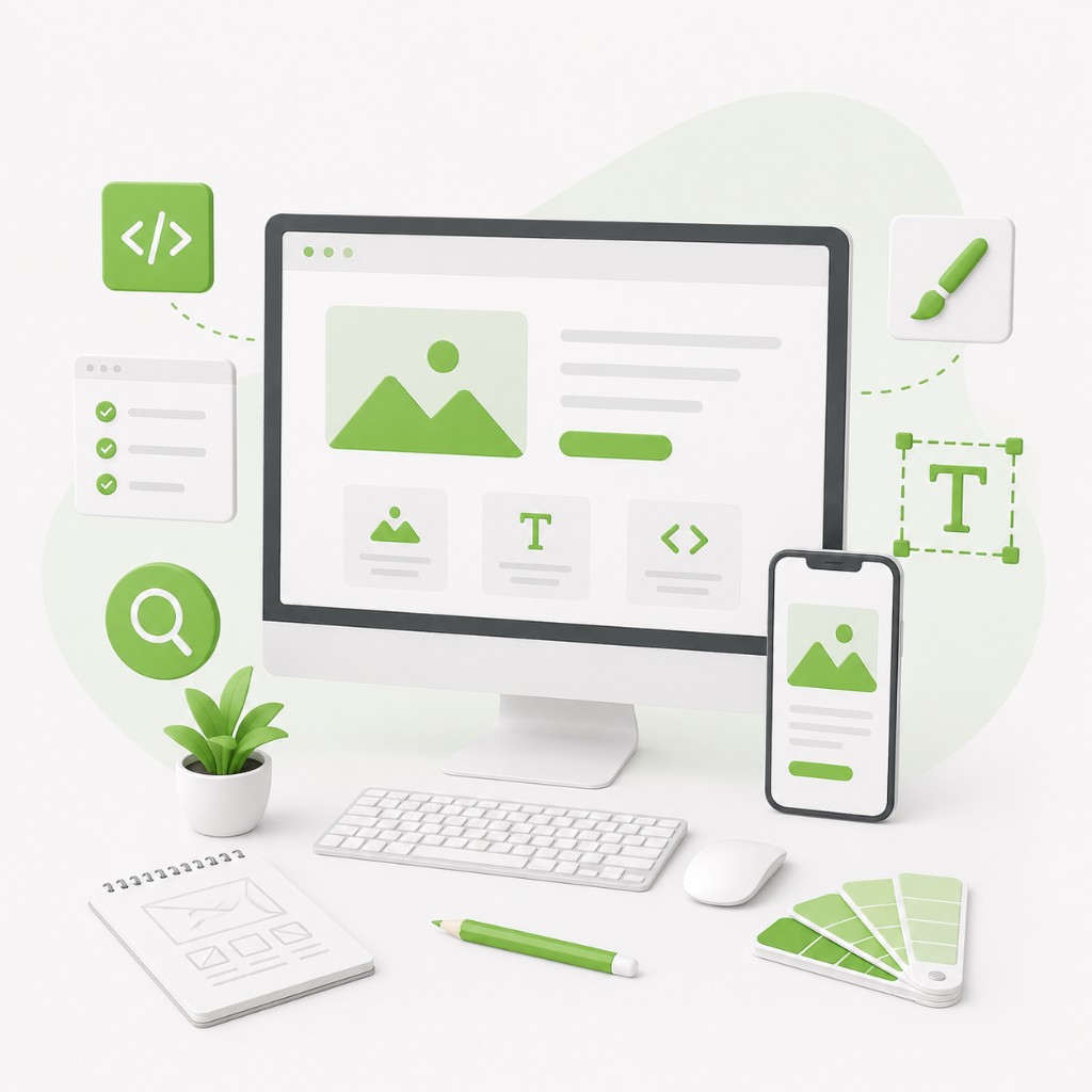 Web design and development illustration with desktop monitor, mobile phone, wireframe notepad, keyboard, color swatches, and coding and design icons