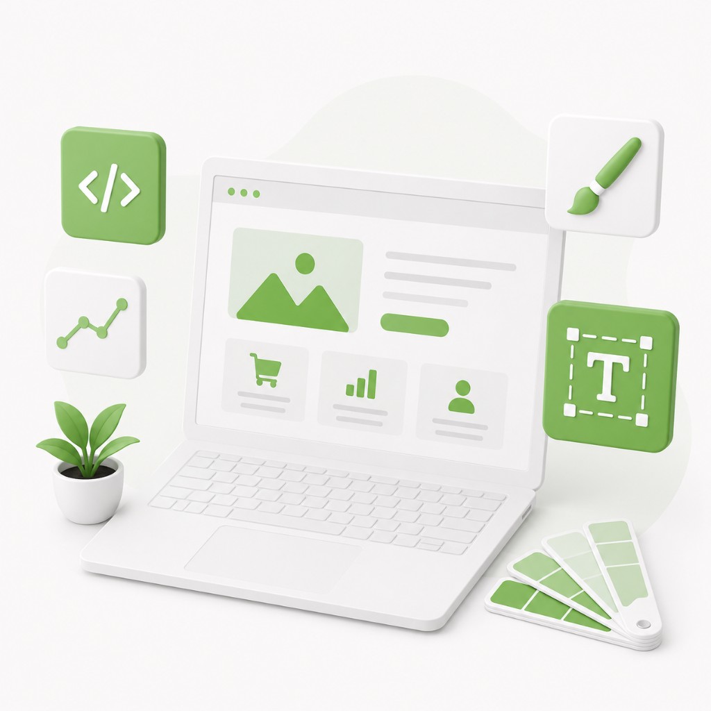 Web design and development solution illustration with laptop showing a website UI mockup, code, analytics, design tools, color swatches, and plant