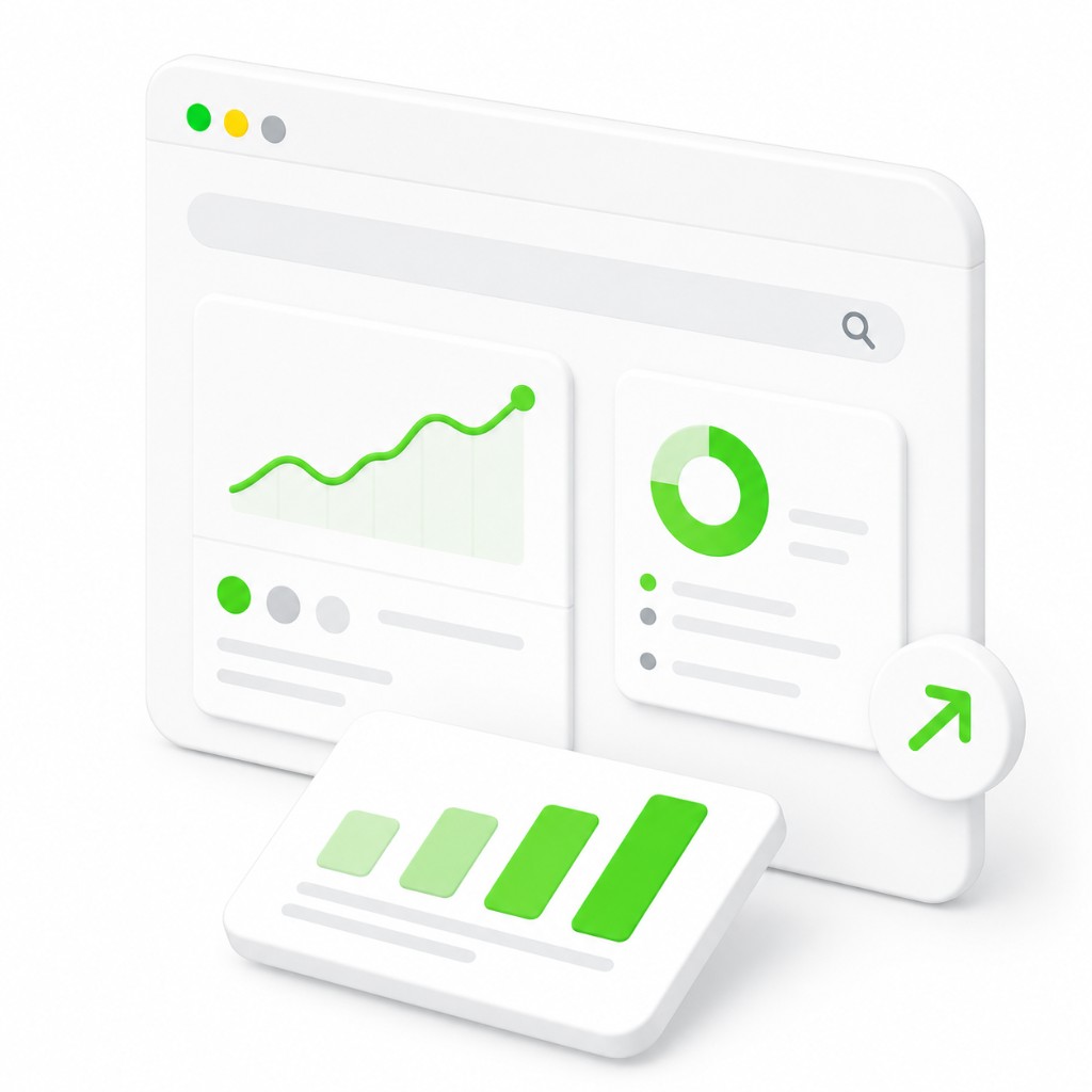 3D illustration of an analytics dashboard showing growth metrics and data insights